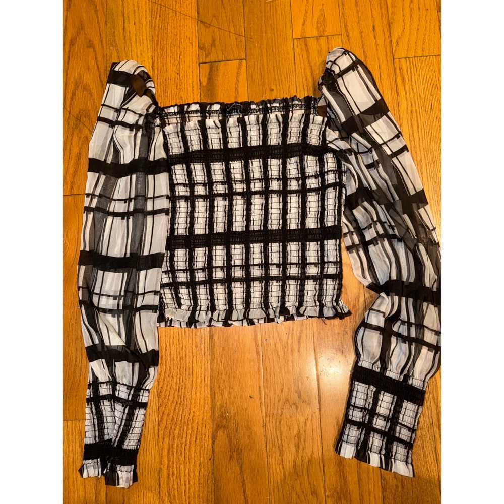 Bebe Black White Plaid Smocked Crop Top